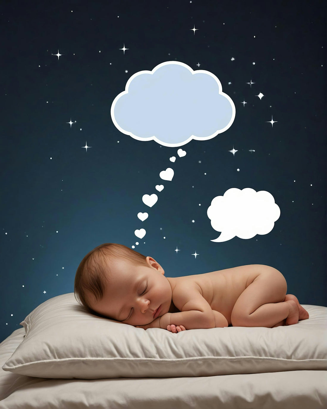 A baby sleeping on a pillow with a thought bubble above it
