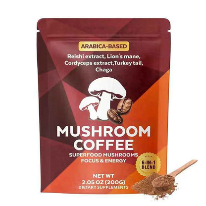 Mushroom coffee package with superfood ingredients on a white background
