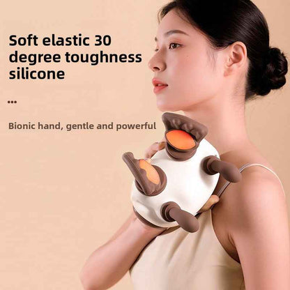Woman using a bionic hand device on her shoulder with text about silicone properties.