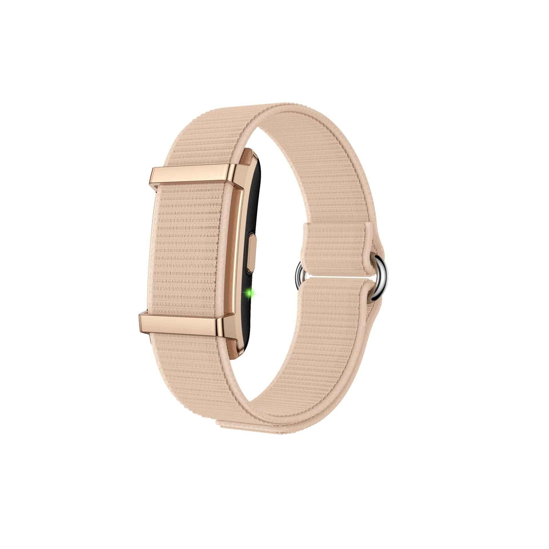 Smart fitness tracker available in black, green, and gold color options with woven fabric strap