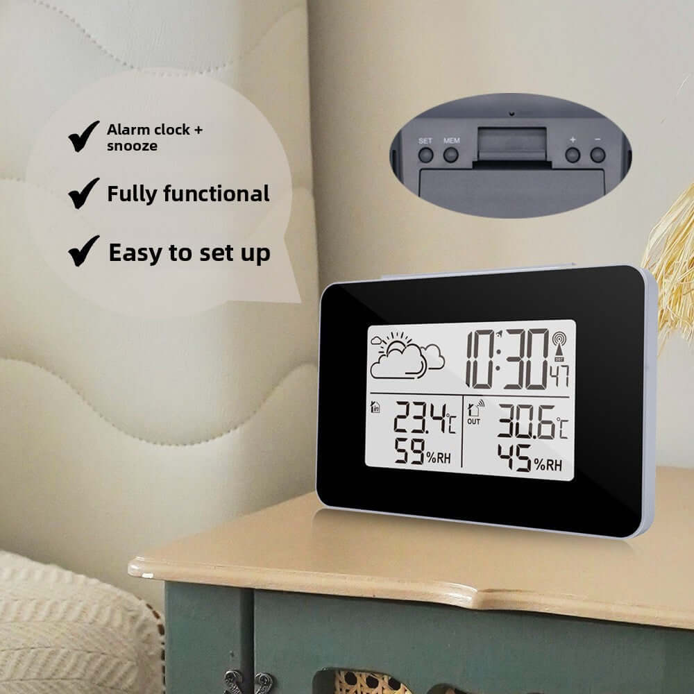 Digital temperature humidity monitor clock showing weather forecast and time