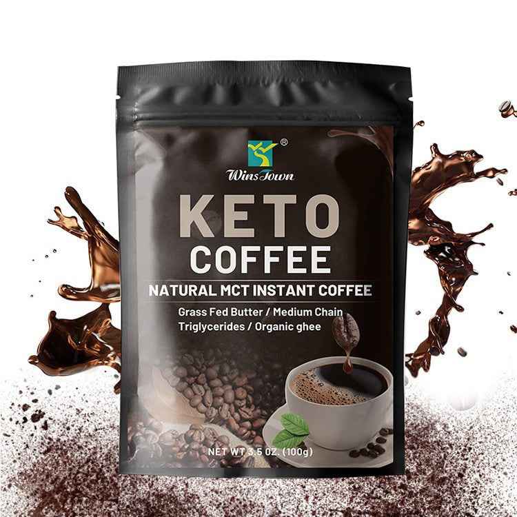 Prepared keto butter coffee creamy frothy bulletproof coffee in white mug morning beverage