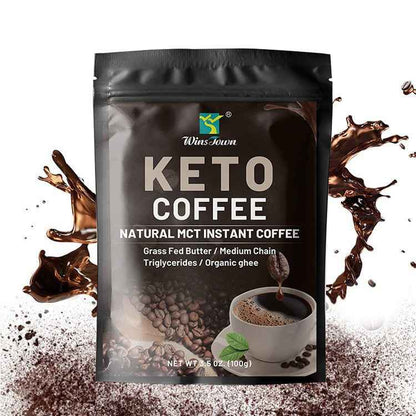 Prepared keto butter coffee creamy frothy bulletproof coffee in white mug morning beverage