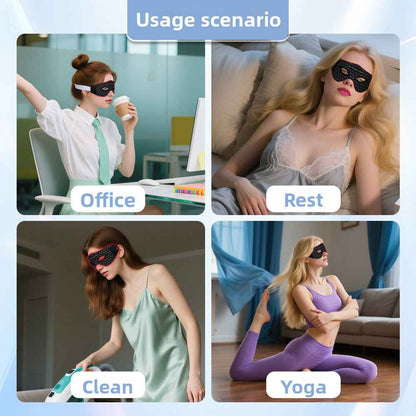 Person wearing eye massager device during relaxation session