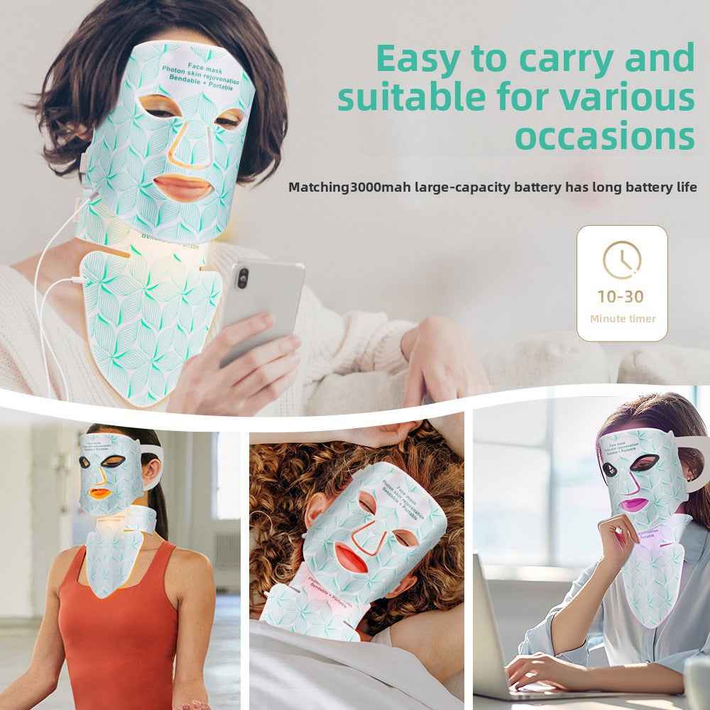 Woman using LED face mask for skin rejuvenation and wrinkle reduction at home