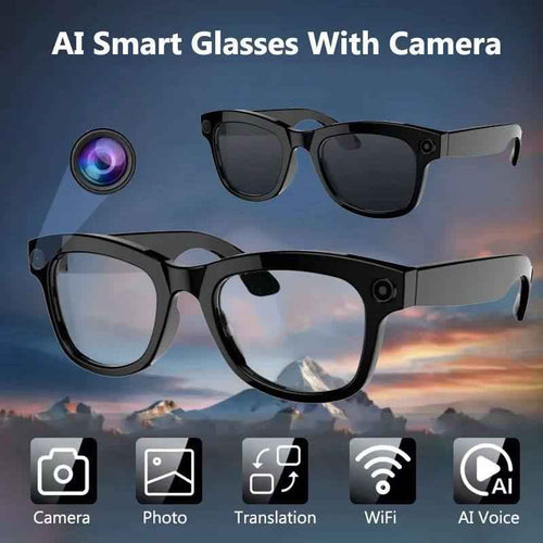 AI smart glasses with built-in 5MP camera and voice control for hands-free photography