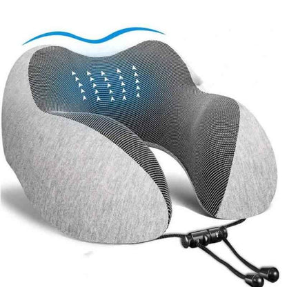 U-shaped memory foam neck pillow with adjustable closure for travel support