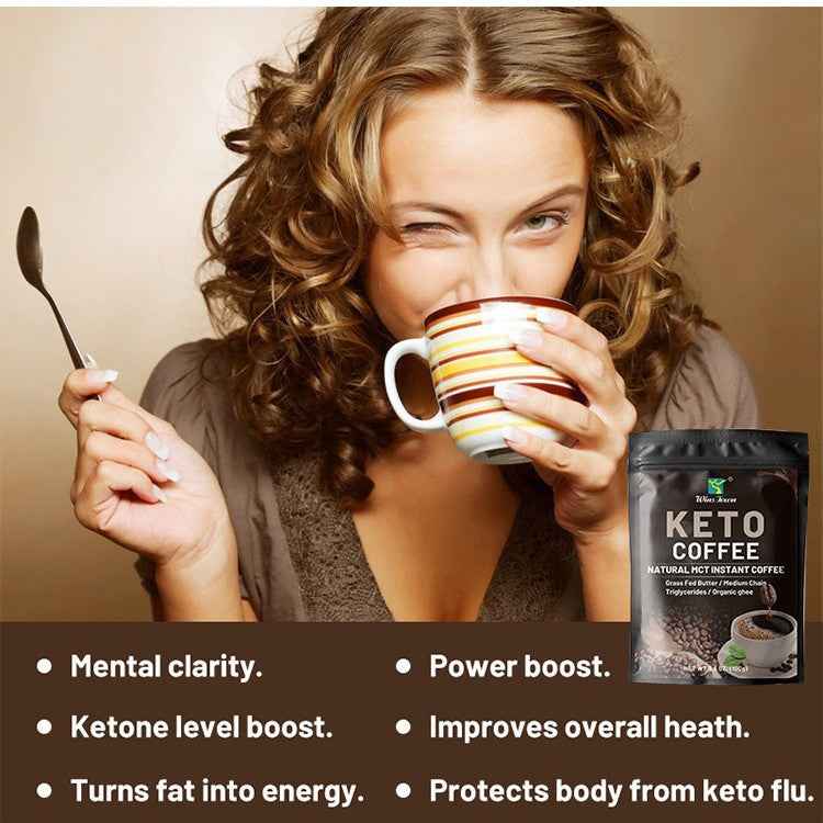 Keto MCT instant coffee powder close-up grass-fed butter ghee MCT oil blend
