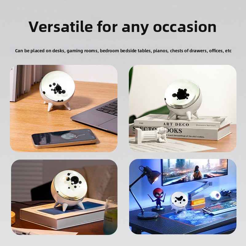 White ferrofluid music visualizer desk lamp with glass chamber and LED backlighting