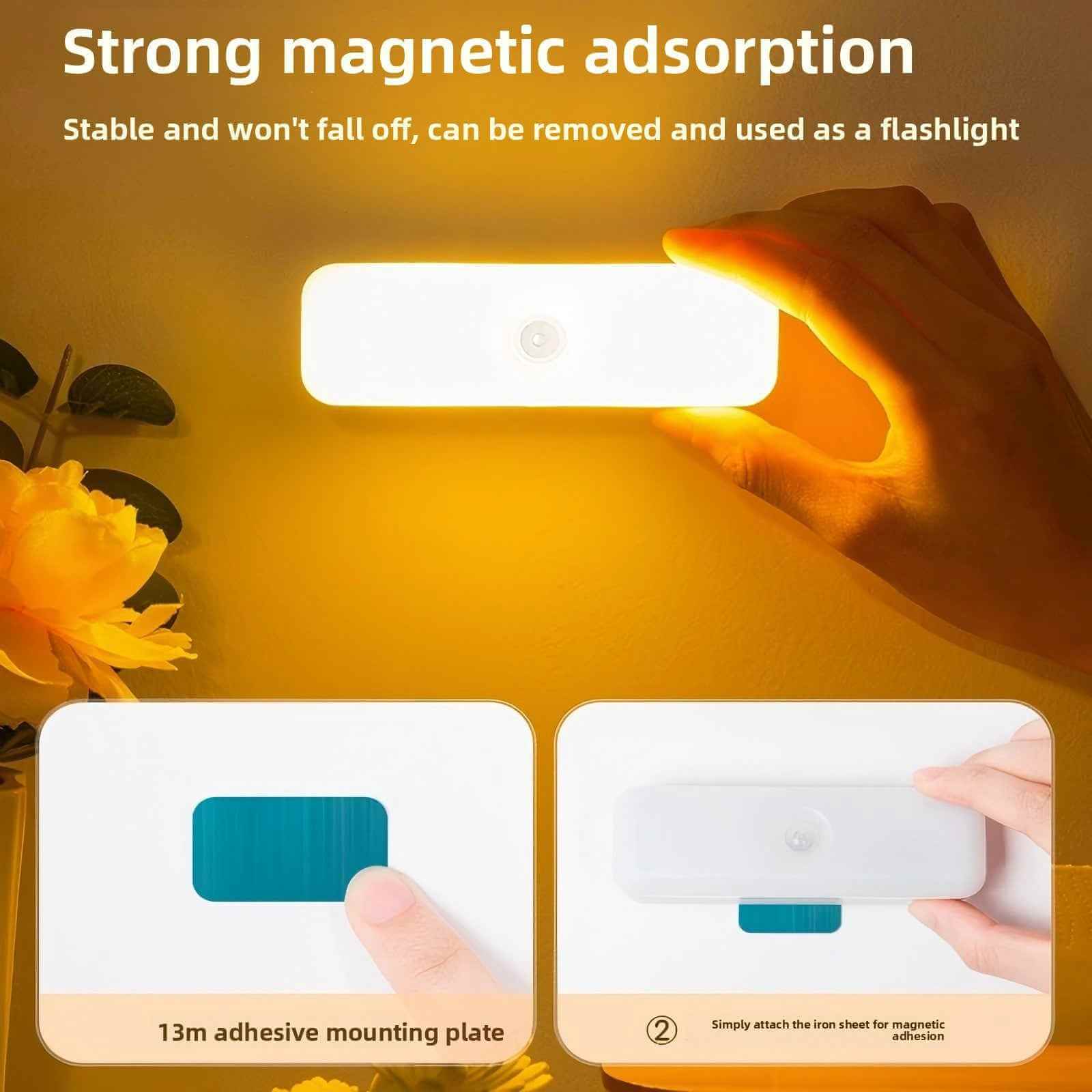 Rechargeable motion sensor night light with magnetic charging base for hallways