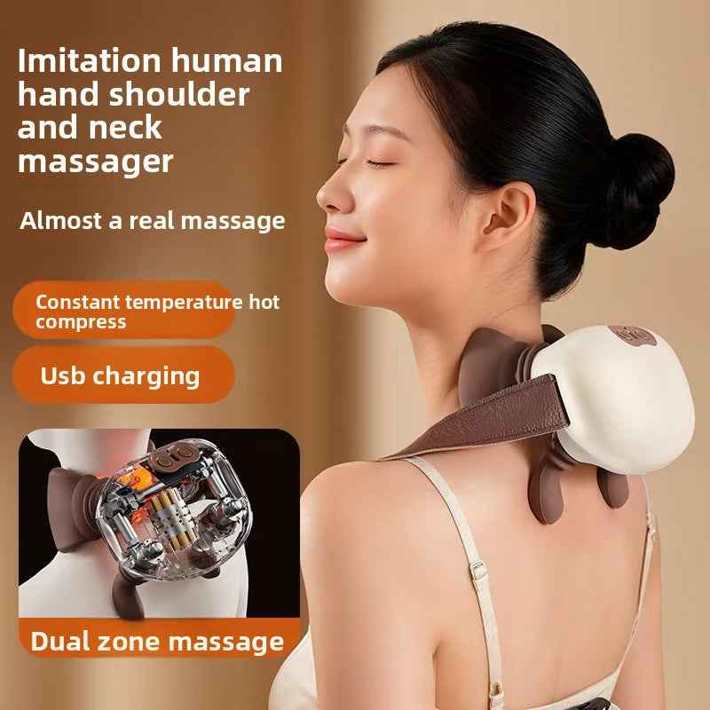 Woman using a shoulder and neck massager with product features highlighted.
