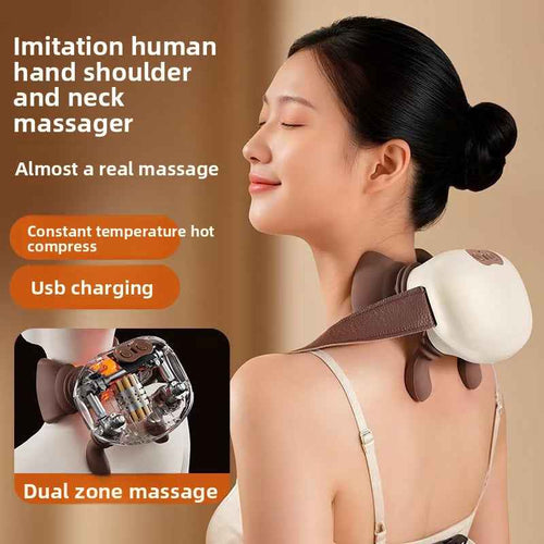Woman using a shoulder and neck massager with product features highlighted.