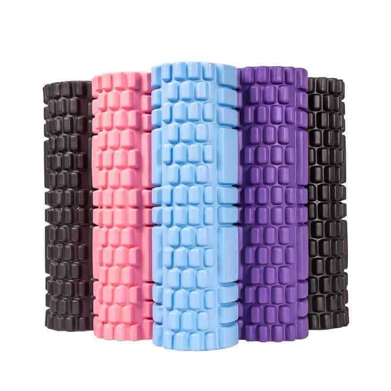 Muscle recovery roller in cherry powder, black, and space gray colors