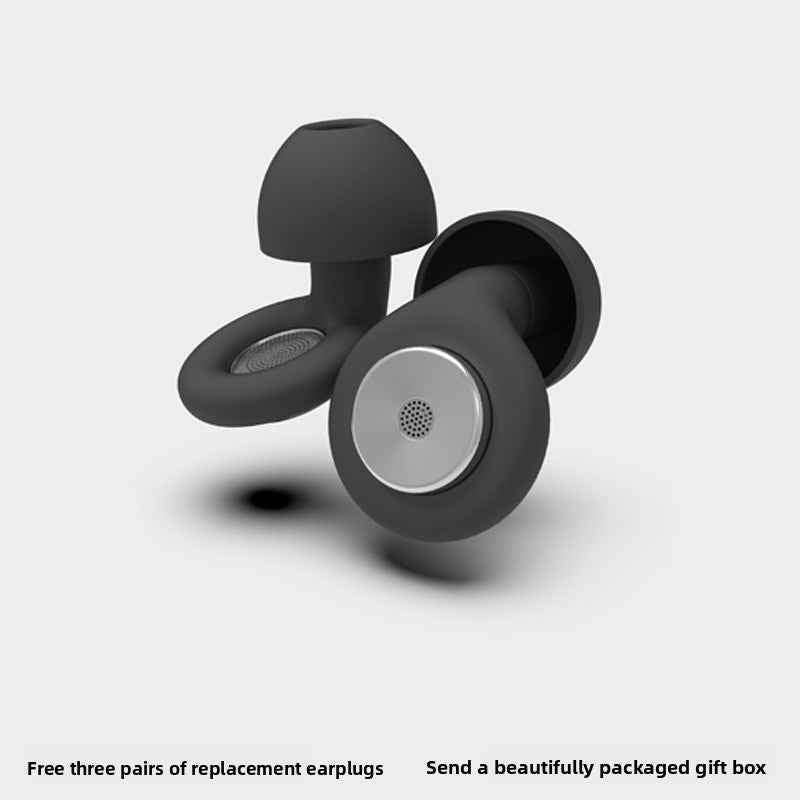 Traveler wearing sleep earplugs on airplane for quiet rest during flight