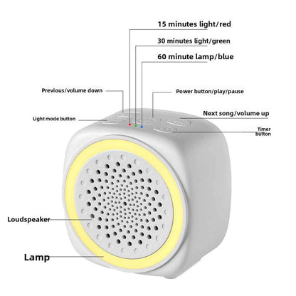 Close-up of white noise machine controls showing sound selection and timer settings