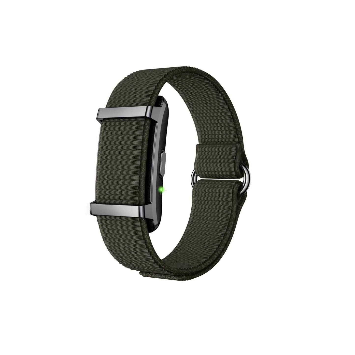 Black watch strap with silver buckle on a white background